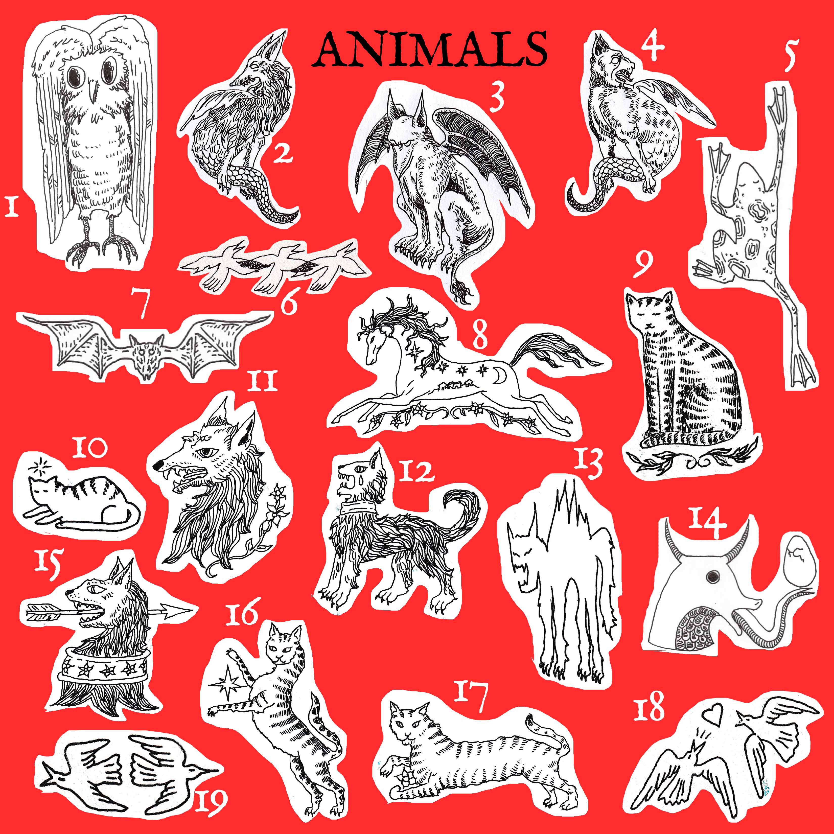 01- a tall owl <br>
02- left facing gargoyle, 03-a lion tailed gargoyle,04-a right facing gargoyle<br> 05-a climbing frog, trio of birds, 07-bat<br>
08-horse with nature elements, 09-regal cat, 10-lounging cat<br>
11-wolf head next to flowers,12-feral creature, 13- halloween cat <br>
14- viking creature,15-slain creature,storybook cat 17-flower cat<br>
18 and 19, birds
