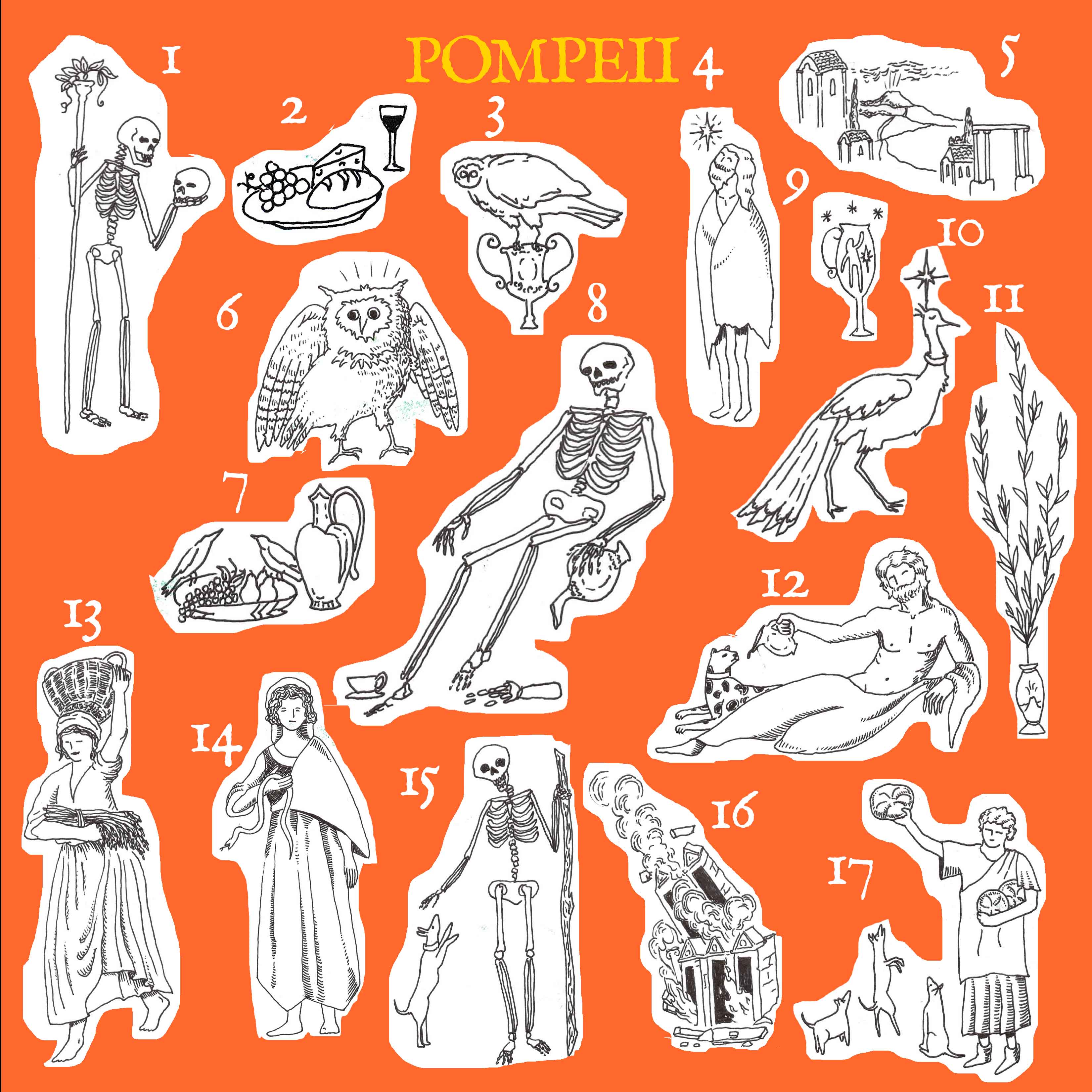 01- a skeleton contemplating, (inspired by a vase from pompeii) 02-a dining scene<br>
03-owl on vase, 04-man without any possessions,05 Pompeii<br>
06-owl, 07-lovely scene, 08-the dead with his treasures<br>
09-goblet, 10-royal bird, 11-ornamental plant<br>
12- bacchus god of wine, 13-working woman, 14-girl with snake<br>
15- dead and his dog (inspired by a vase from pompeii)<br>
16-crumbling building, 17-man teasing dogs with bread 
