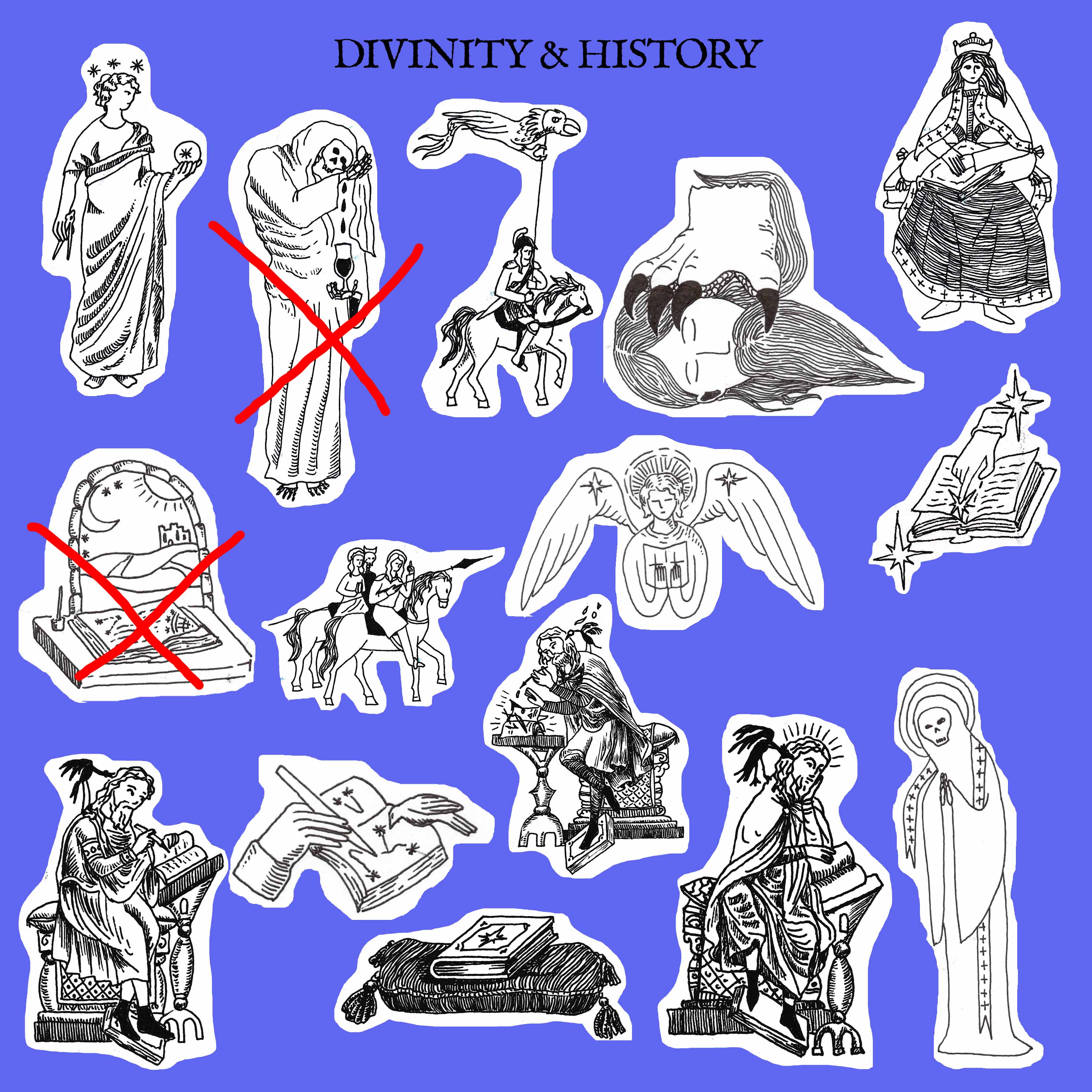 21-Urania (Muse of astronomy), 22-weeping death, 23-female warrior<br>
24-gotten by the beast, 25-Pope Joan (middle ages pope), 26- naturalist window<br>
27-Girl, woman, death on horse<br>
28-saintly angel, 29-divine book, 30-scrib, 31-charting in a book<br>
32-channeling into letters, 33-book on pillow, 34-the reader, 35-wraith 
