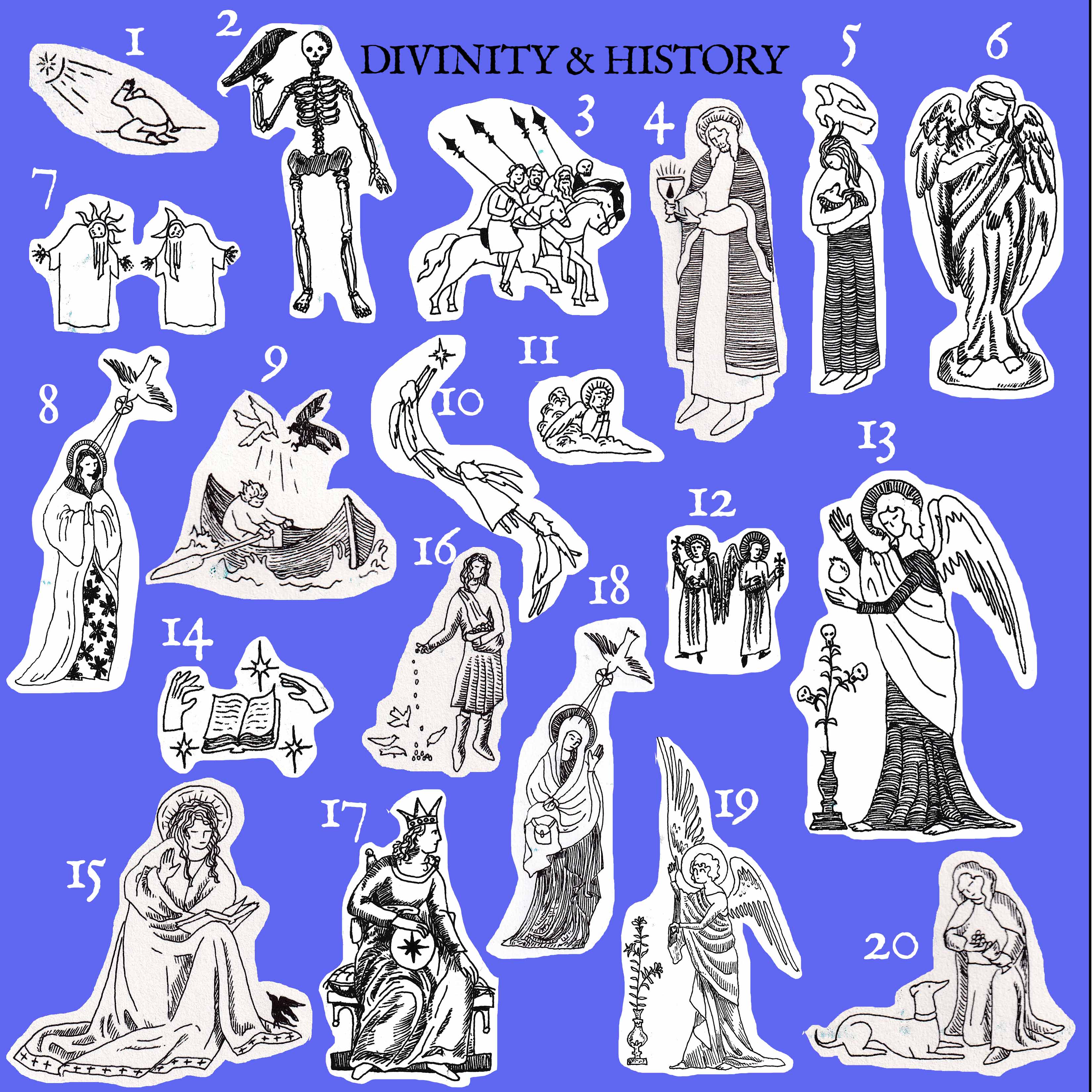 
01-judgment, 02-alchemical skeleton, 03-Calvary of life, 04-blood of christ<br>
05-animal lover, 06-angel statue, 07-sun and moon, 08-flower saint, 09-divine journey<br>
10-three angels, 11-small angel, 12- medieval angels, 13-angel of death<br>
14-magic book, 15-saint reading to bird, 16-feeding the birds, 17-divine counsel<br>
18-divine messages, 19-angel of life, 20-feeding the pooch 
