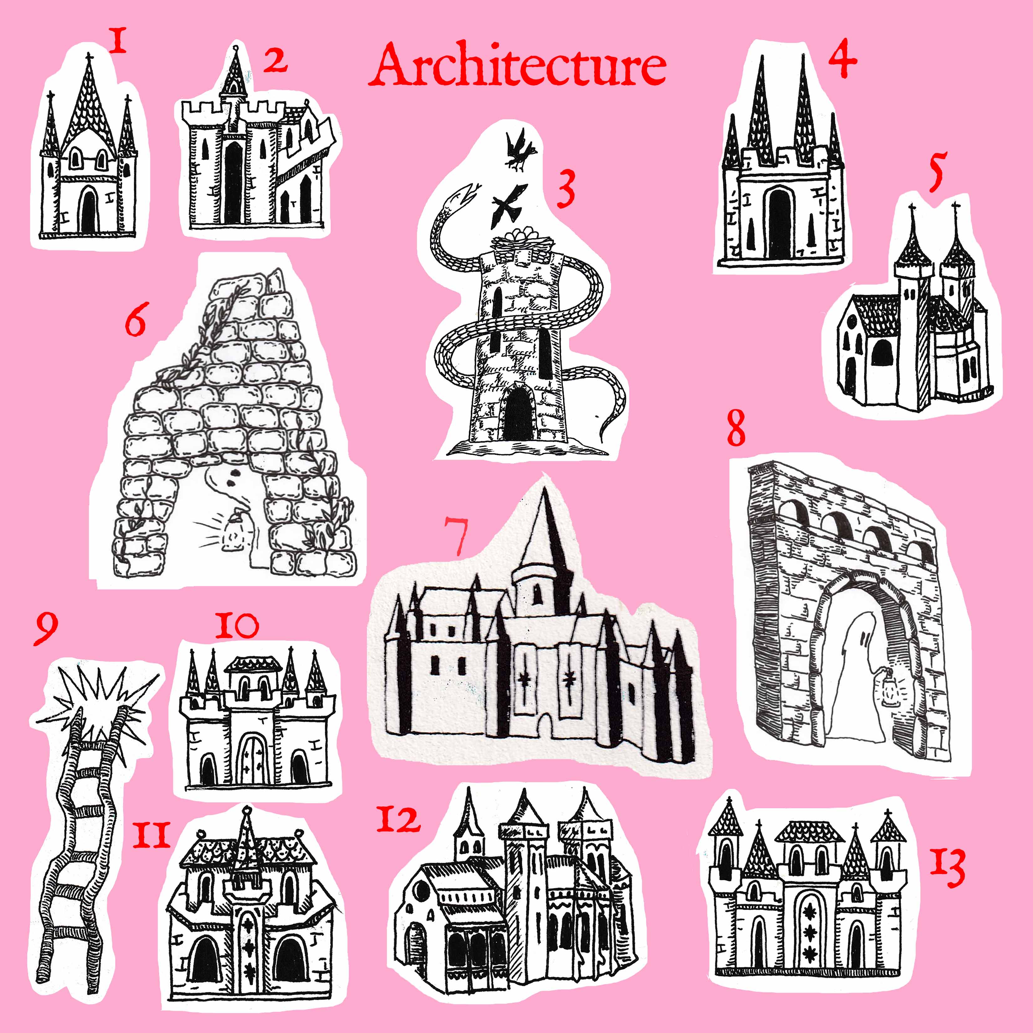01-little hall, 02-medium hall, 03-birds defending a tower<br>
04-four caps, 05-monastery, 06-ghostly ruins, <br>
07-castle, 08- ghost in passageway, 09-crooked ladder, 10-quarters, <br>
11-knightley hall, 12-large hall, 13-5 towers
